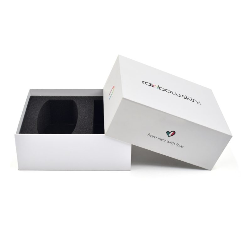 White rigid cosmetic carton with foam insert and printed lid
