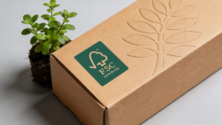 FSC-certified kraft cardboard carton with debossed leaf pattern