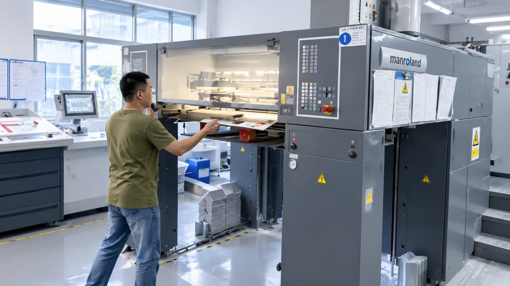 车间内在 manroland 印刷机上作业的操作员
